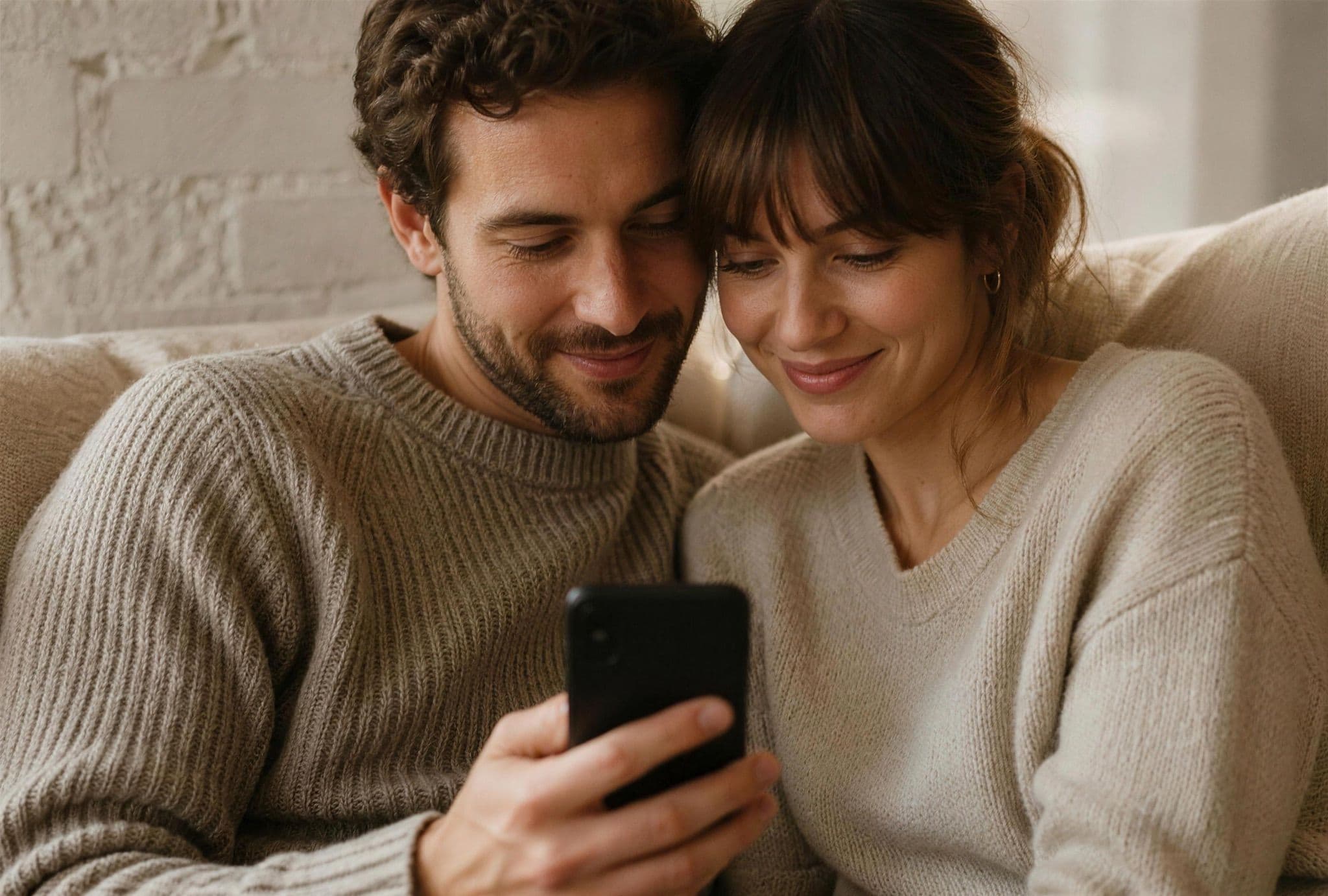 Couple on a sofa looking at their shared budget on one phone Couple on a sofa looking at their shared budget on one phone