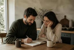 Couple at a kitchen table writing their shared household budget in a notebook Couple at a kitchen table writing their shared household budget in a notebook
