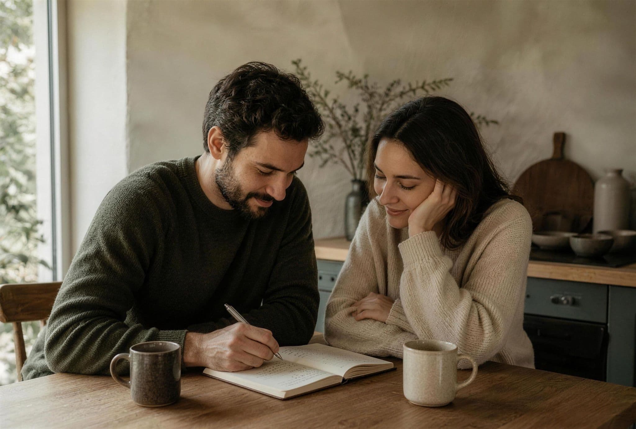 Couple at a kitchen table writing their shared household budget in a notebook Couple at a kitchen table writing their shared household budget in a notebook