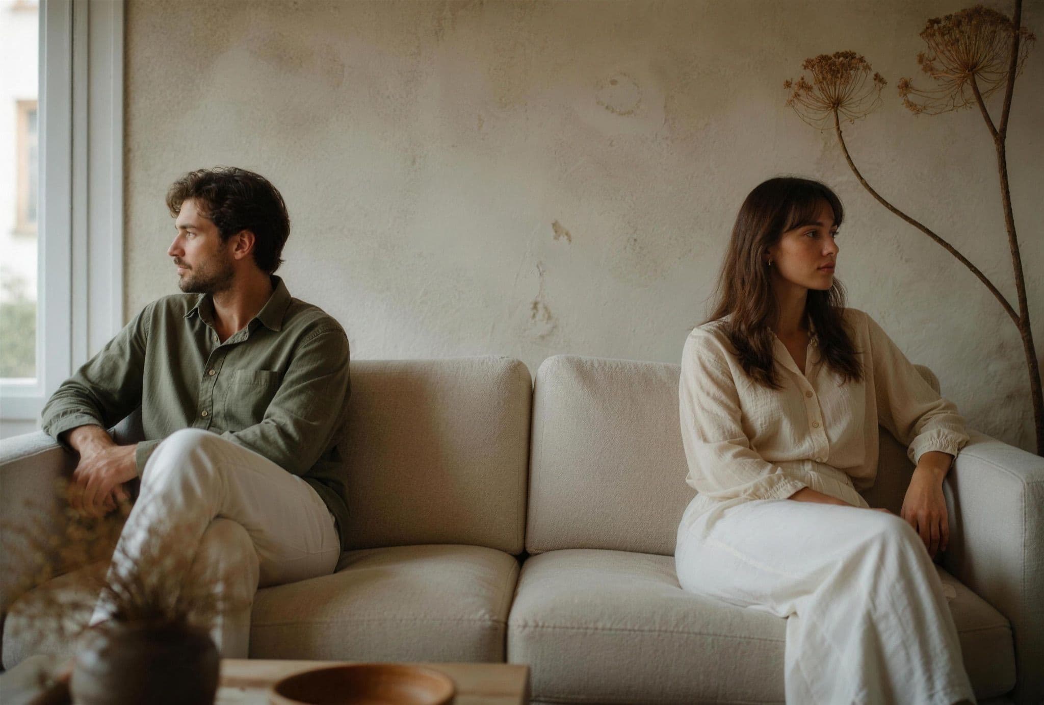 Couple sitting at opposite ends of a sofa after an argument about money Couple sitting at opposite ends of a sofa after an argument about money