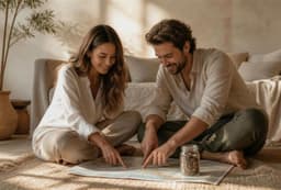 Couple planning a shared savings goal over a map and a jar of coins Couple planning a shared savings goal over a map and a jar of coins