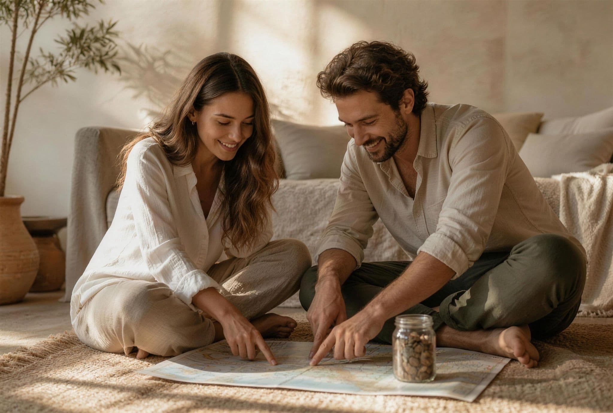 Couple planning a shared savings goal over a map and a jar of coins Couple planning a shared savings goal over a map and a jar of coins